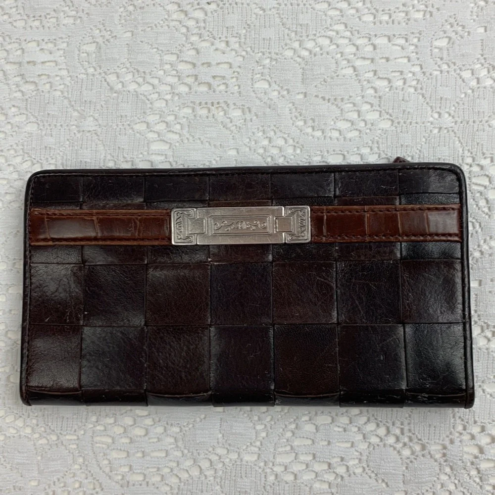 Brighton Vintage Leather Bifold Wallet Brown Black Slip zip pockets Silver logo